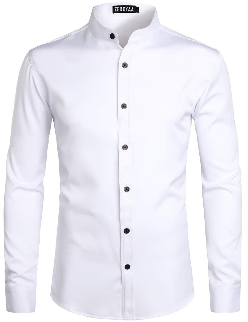 ZEROYAA Mens Hipster Solid Slim Fit Long Sleeve Mandarin Collar Dress Shirts ZLCL08 White Black Small - Image 1